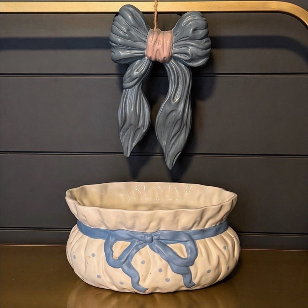 Decorative Ceramic Bowl with Blue Ribbon Detail
